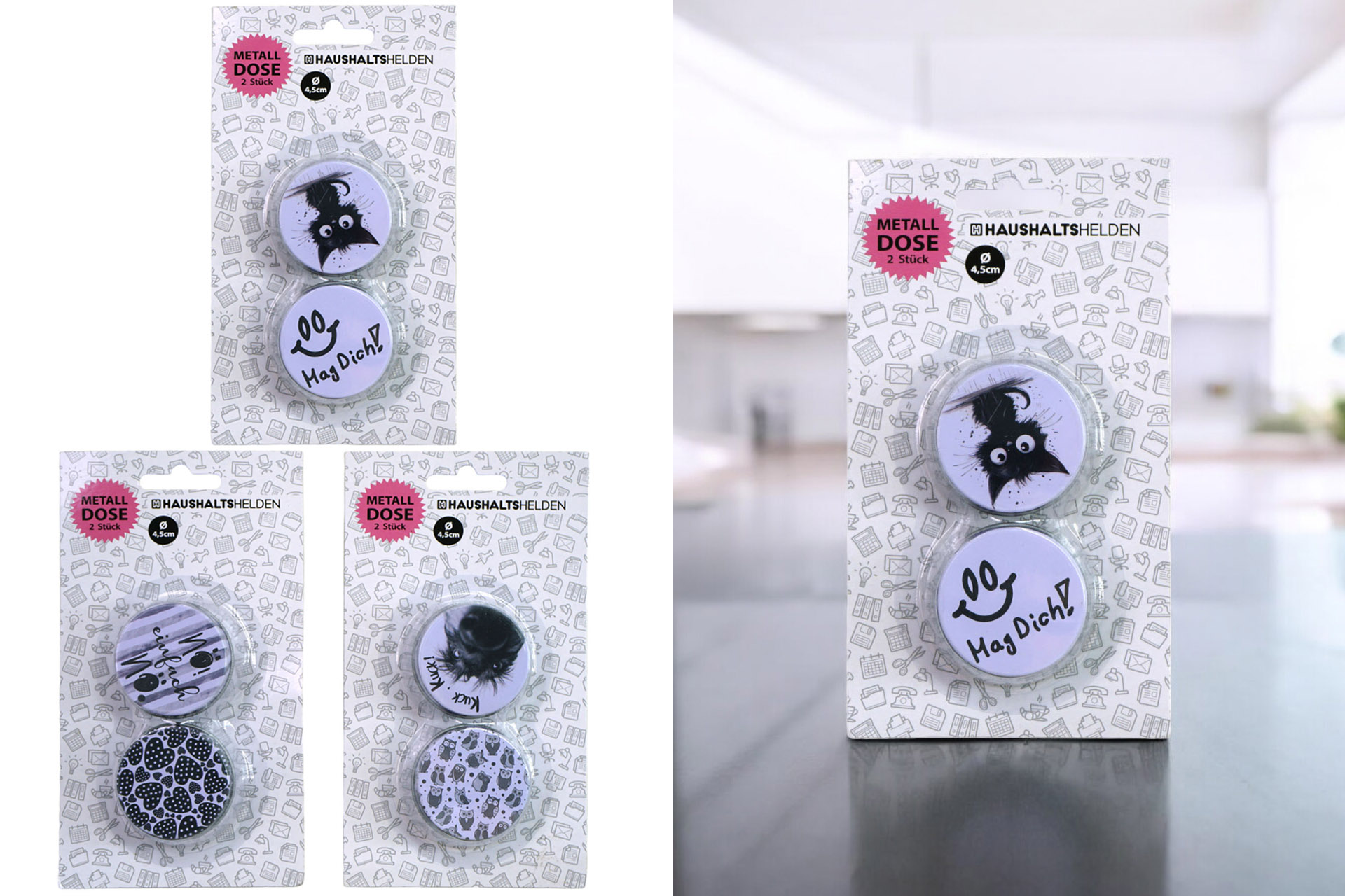 Dose Metall, Ø 4,5cm, 2er Set, 6 Designs