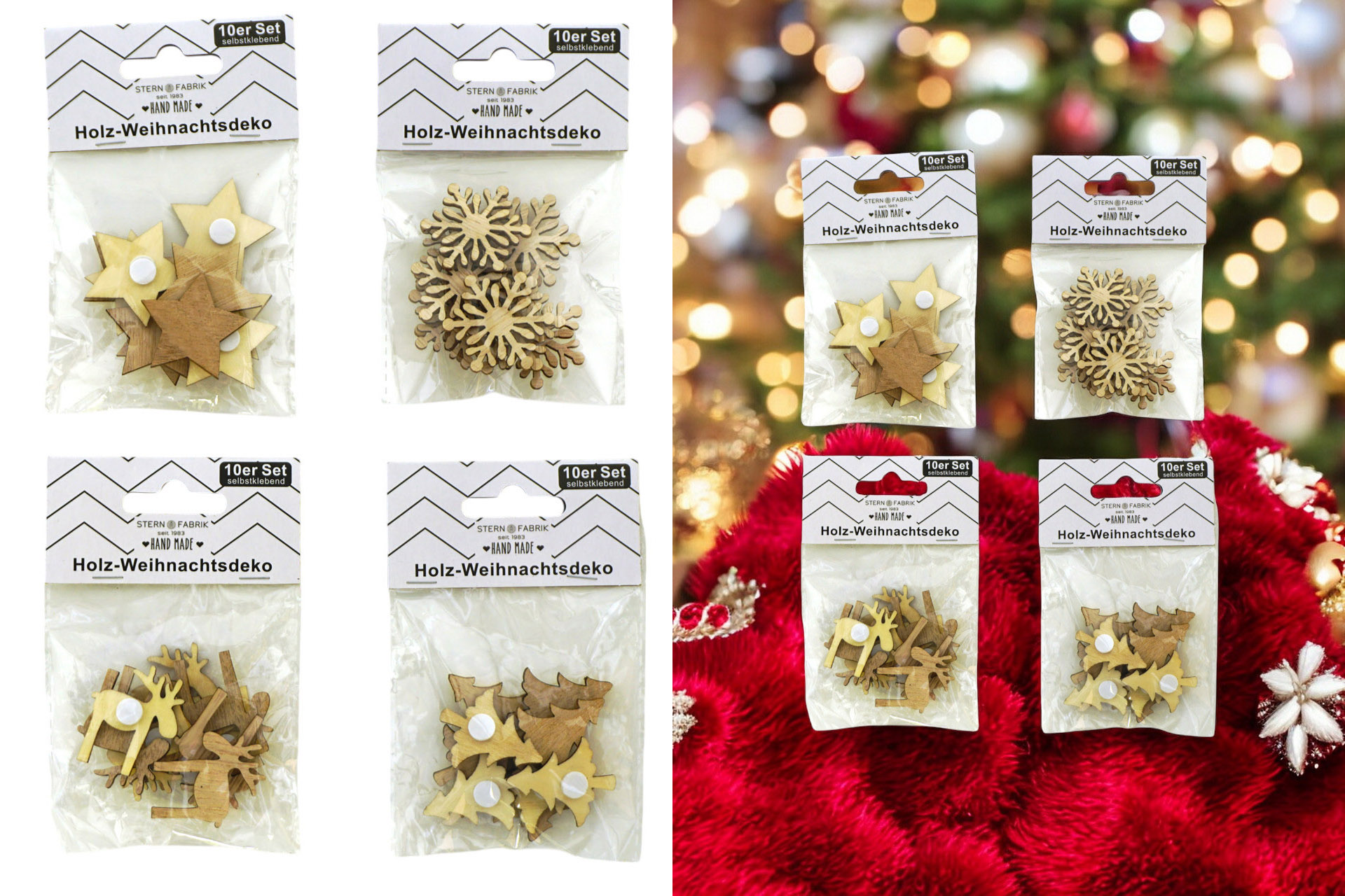 Weihnachtsdeko Holz Weihnachtsmotive zum kleben, 10er Set, 3,5cm, 4 Designs